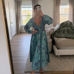 A new way floral Smocked Maxi Dress in Aqua and Blue